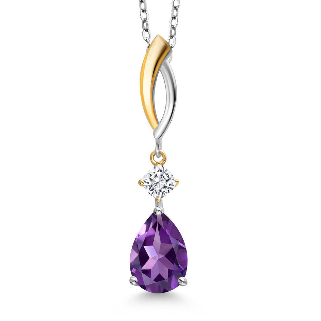 Amethyst - White Moissanite_Pendant in 925 Sterling Silver and 10K Yellow Gold