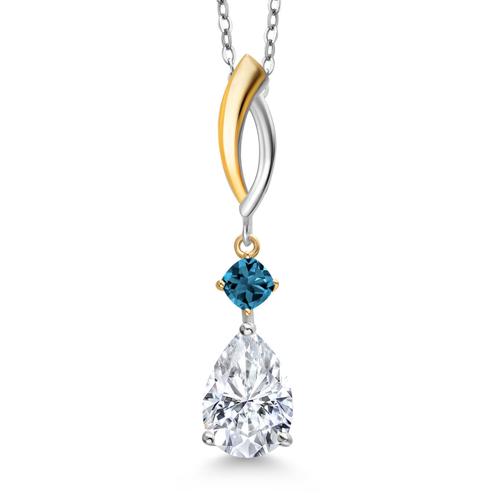 White Moissanite  - London Blue Topaz_Pendant in 925 Sterling Silver and 10K Yellow Gold