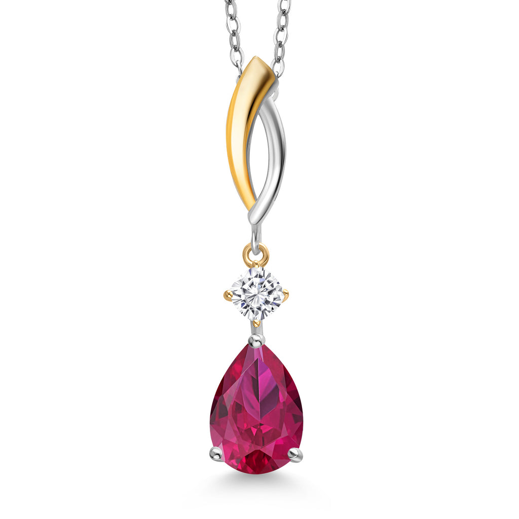 Created Ruby - White Moissanite_Pendant in 925 Sterling Silver and 10K Yellow Gold