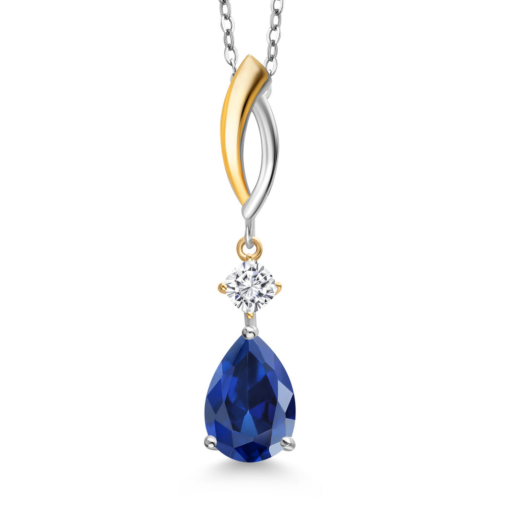 Blue Created Sapphire - White Moissanite_Pendant in 925 Sterling Silver and 10K Yellow Gold