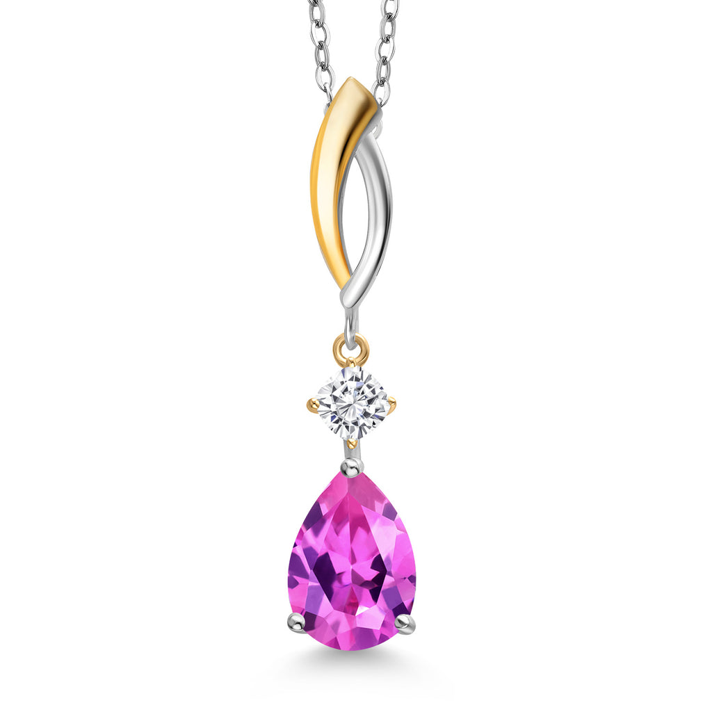 Pink Created Sapphire - White Moissanite_Pendant in 925 Sterling Silver and 10K Yellow Gold