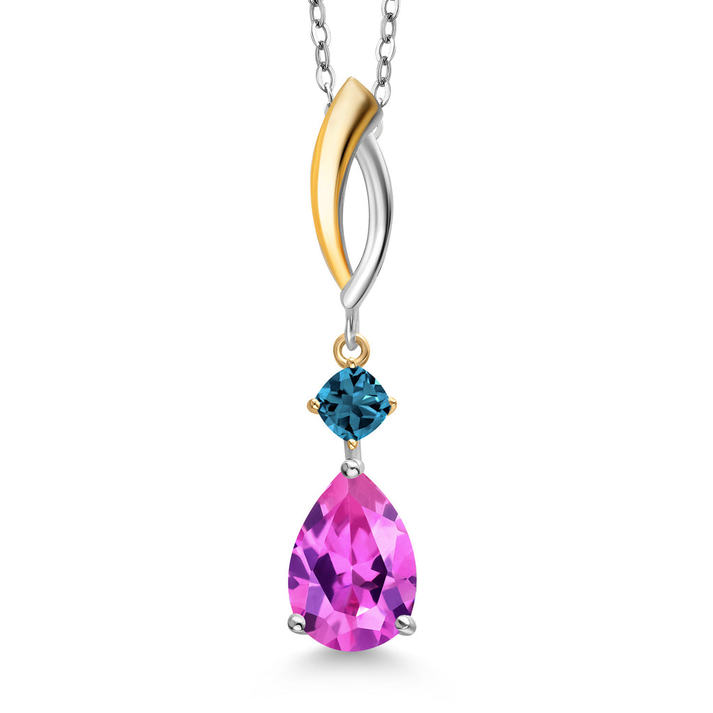 Pink Created Sapphire - London Blue Topaz_Pendant in 925 Sterling Silver and 10K Yellow Gold