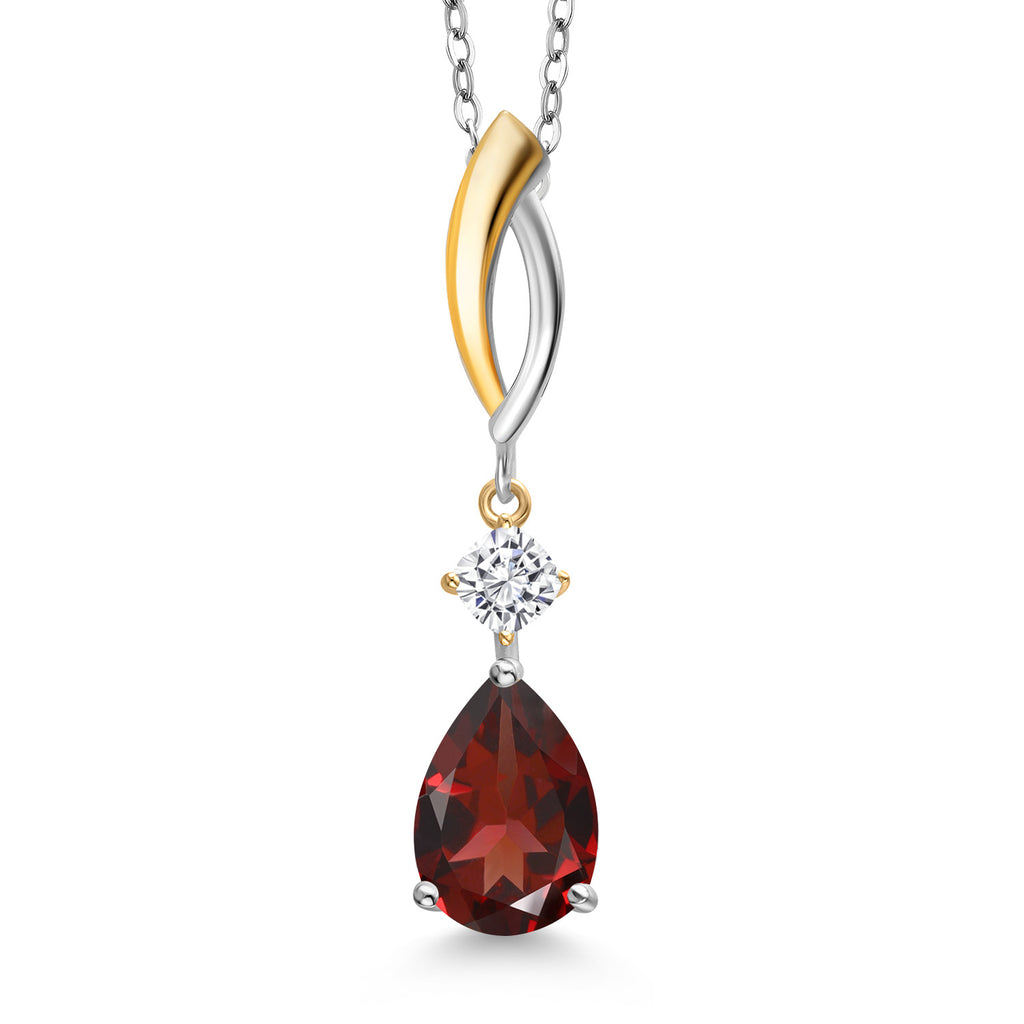 Garnet - White Moissanite_Pendant in 925 Sterling Silver and 10K Yellow Gold