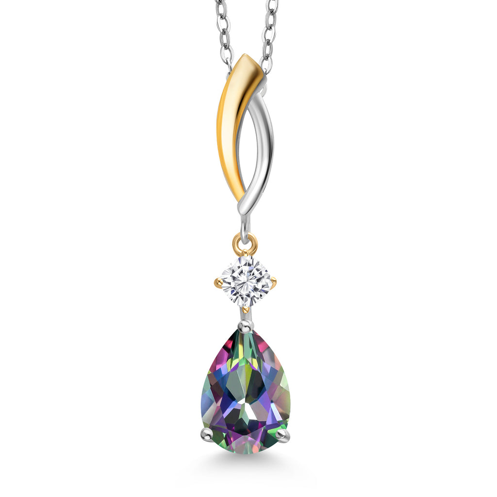 Green Mystic Topaz  - White Moissanite_Pendant in 925 Sterling Silver and 10K Yellow Gold