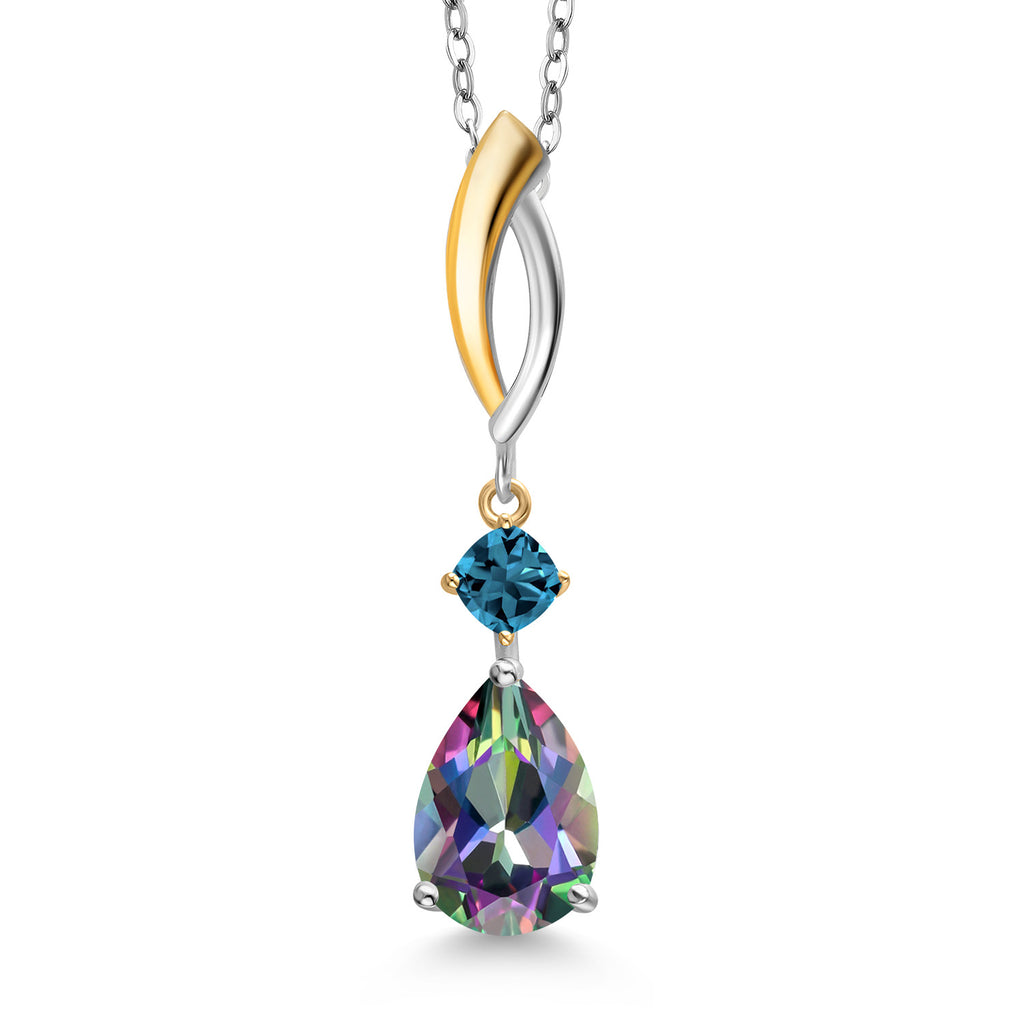 Green Mystic Topaz  - London Blue Topaz_Pendant in 925 Sterling Silver and 10K Yellow Gold