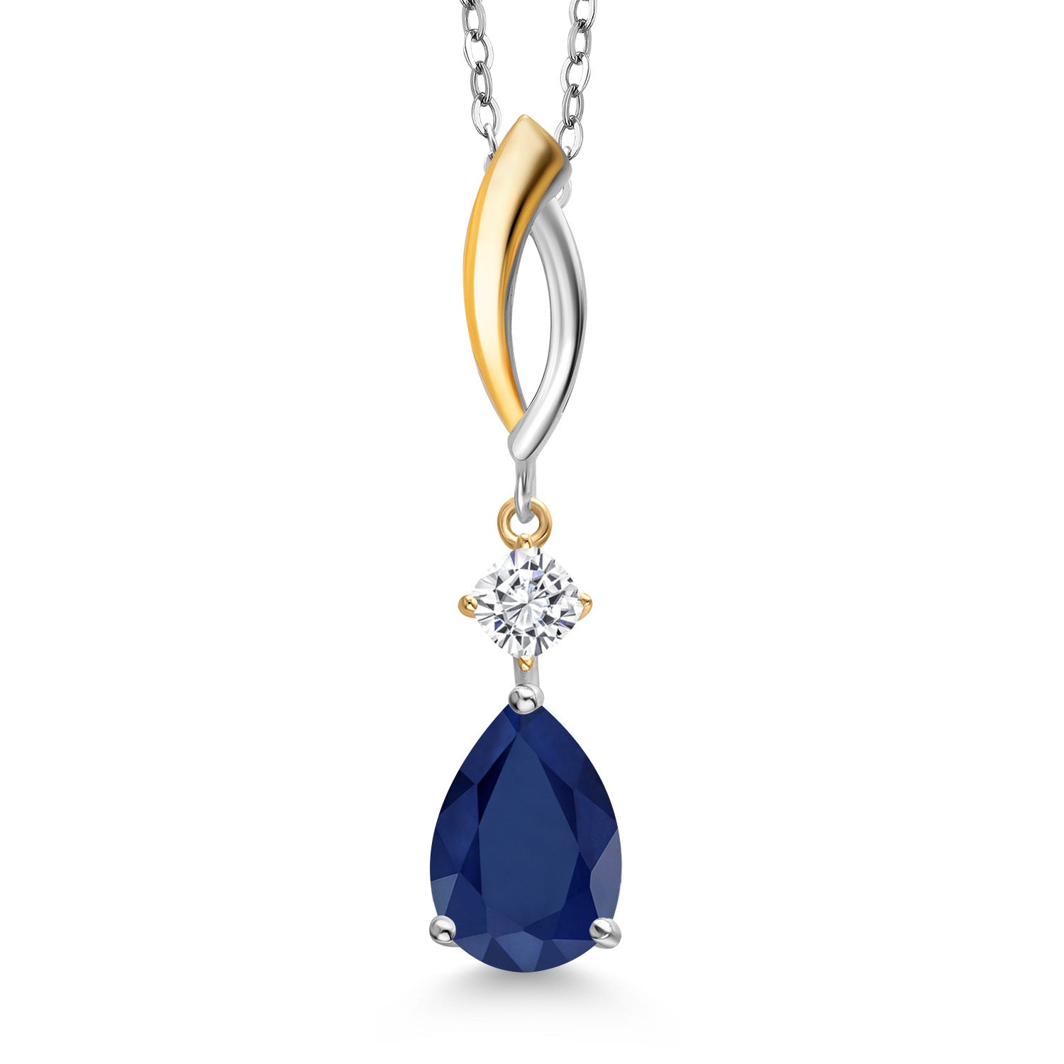 925 Silver and 10K Yellow Gold Blue Sapphire and White Moissanite Pendant Necklace for Women | 2.37 Cttw | Gemstone Birthstone | Pear Shape 10X7MM | With 18 Inch Chain