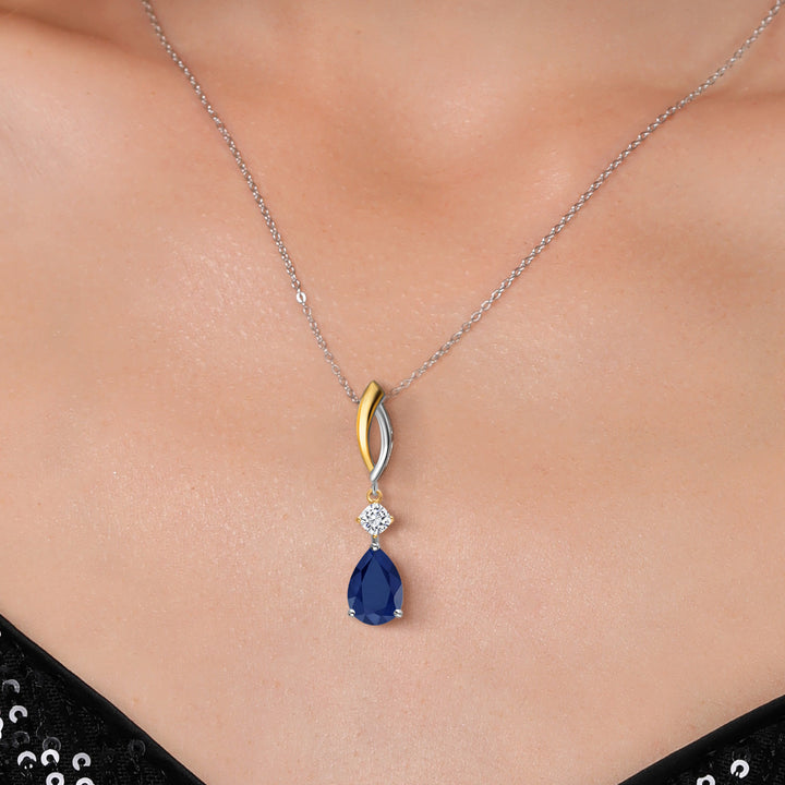 925 Silver and 10K Yellow Gold Blue Sapphire and White Moissanite Pendant Necklace for Women | 2.37 Cttw | Gemstone Birthstone | Pear Shape 10X7MM | With 18 Inch Chain