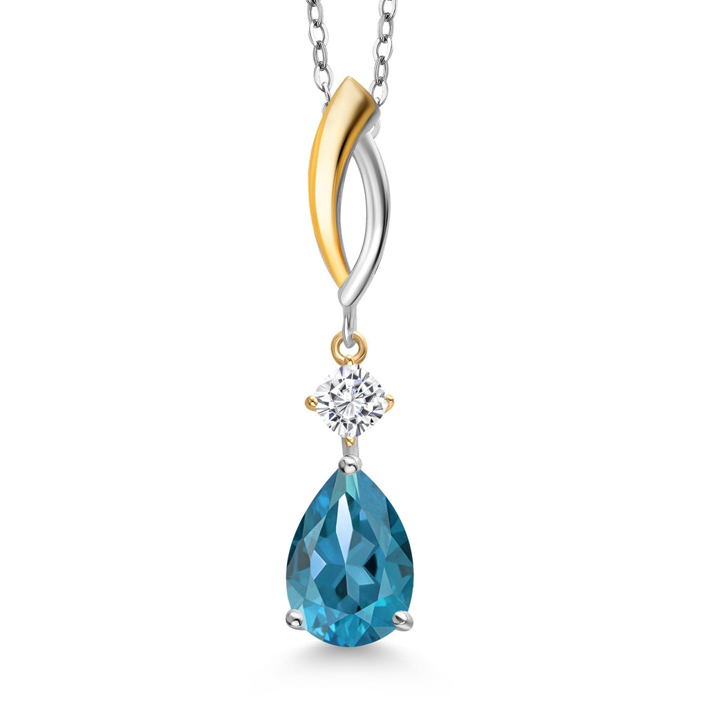 London Blue Topaz - White Moissanite_Pendant in 925 Sterling Silver and 10K Yellow Gold