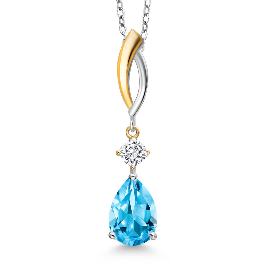 Swiss Blue Topaz - White Moissanite_Pendant in 925 Sterling Silver and 10K Yellow Gold