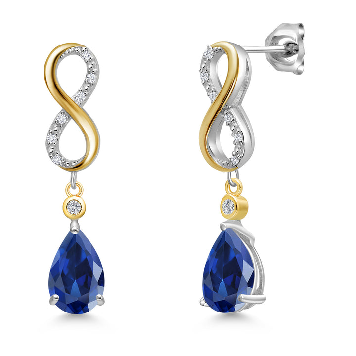 925 Silver and 10K Yellow Gold Blue Created Sapphire and White Lab Grown Diamond Dangle Earrings For Women | 5.12 Cttw | Gemstone September Birthstone | Pear Shape 9X6MM