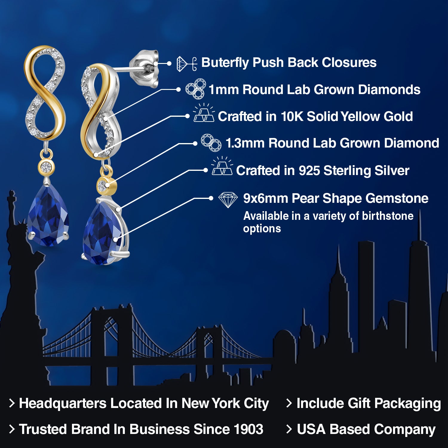 925 Silver and 10K Yellow Gold Blue Created Sapphire and White Lab Grown Diamond Dangle Earrings For Women | 5.12 Cttw | Gemstone September Birthstone | Pear Shape 9X6MM