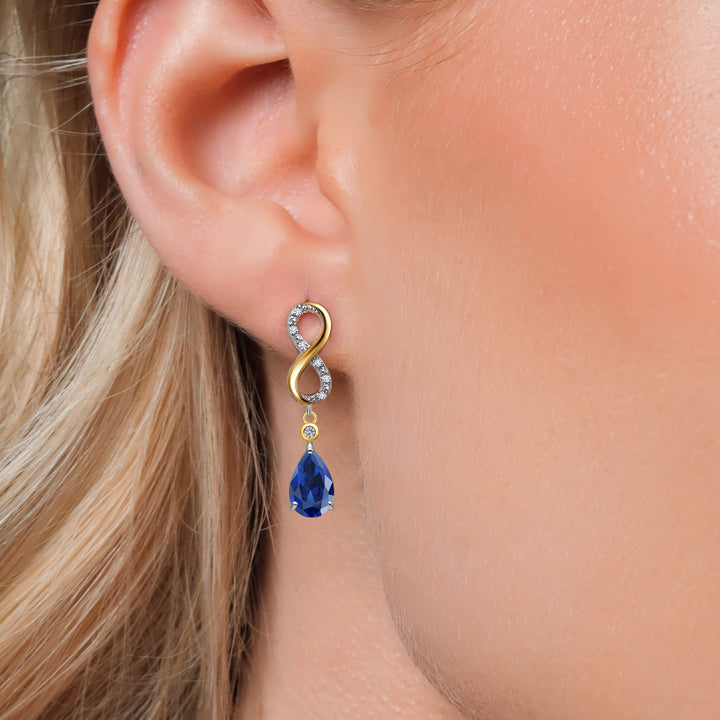 925 Silver and 10K Yellow Gold Blue Created Sapphire and White Lab Grown Diamond Dangle Earrings For Women | 5.12 Cttw | Gemstone September Birthstone | Pear Shape 9X6MM