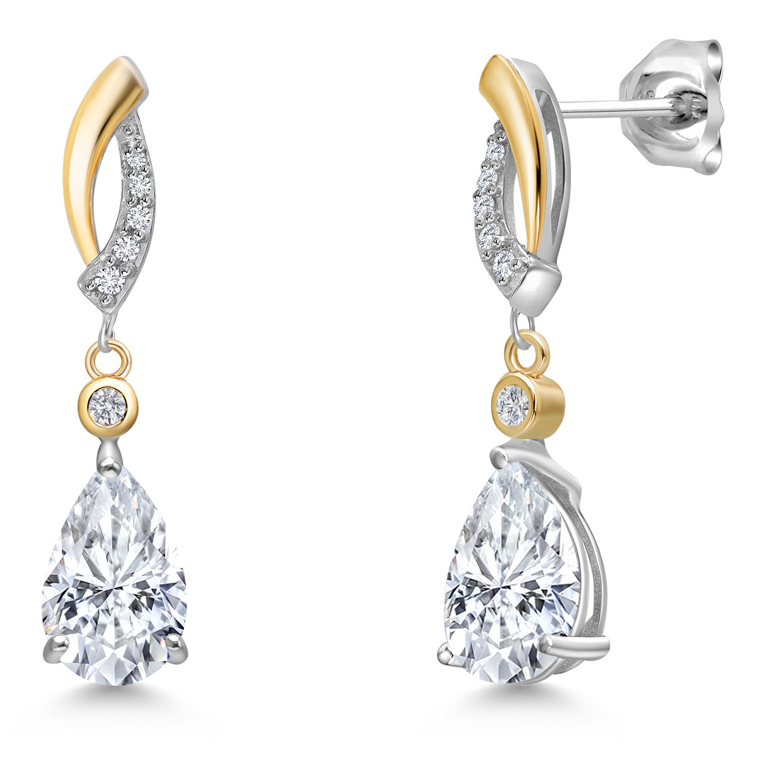 925 Silver and 10K Yellow Gold White Moissanite and White Lab Grown Diamond Earrings For Women | 2.71 Cttw | Gemstone | Pear Shape 9X6MM