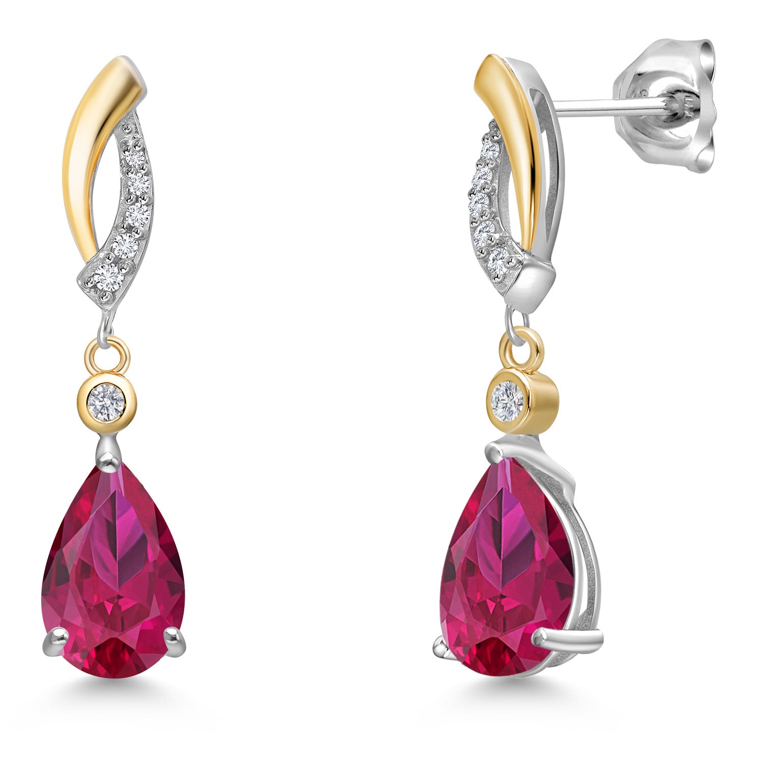 925 Silver and 10K Yellow Gold Red Created Ruby and White Lab Grown Diamond Earrings For Women | 2.97 Cttw | Gemstone July Birthstone | Pear Shape 9X6MM