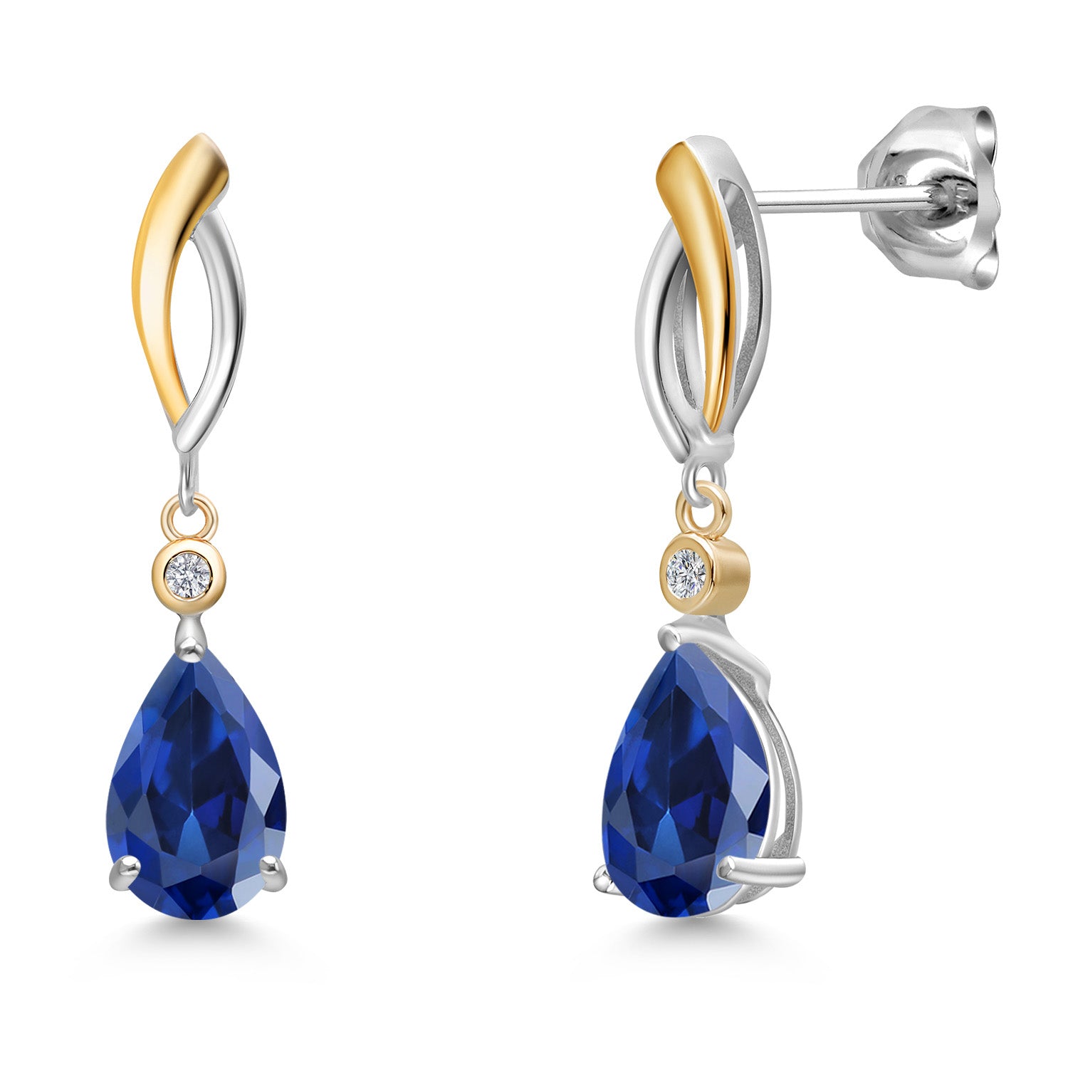 925 Silver and 10K Yellow Gold Blue Created Sapphire and White Lab Grown Diamond Earrings For Women | 5.12 Cttw | Gemstone September Birthstone | Pear Shape 9X6MM