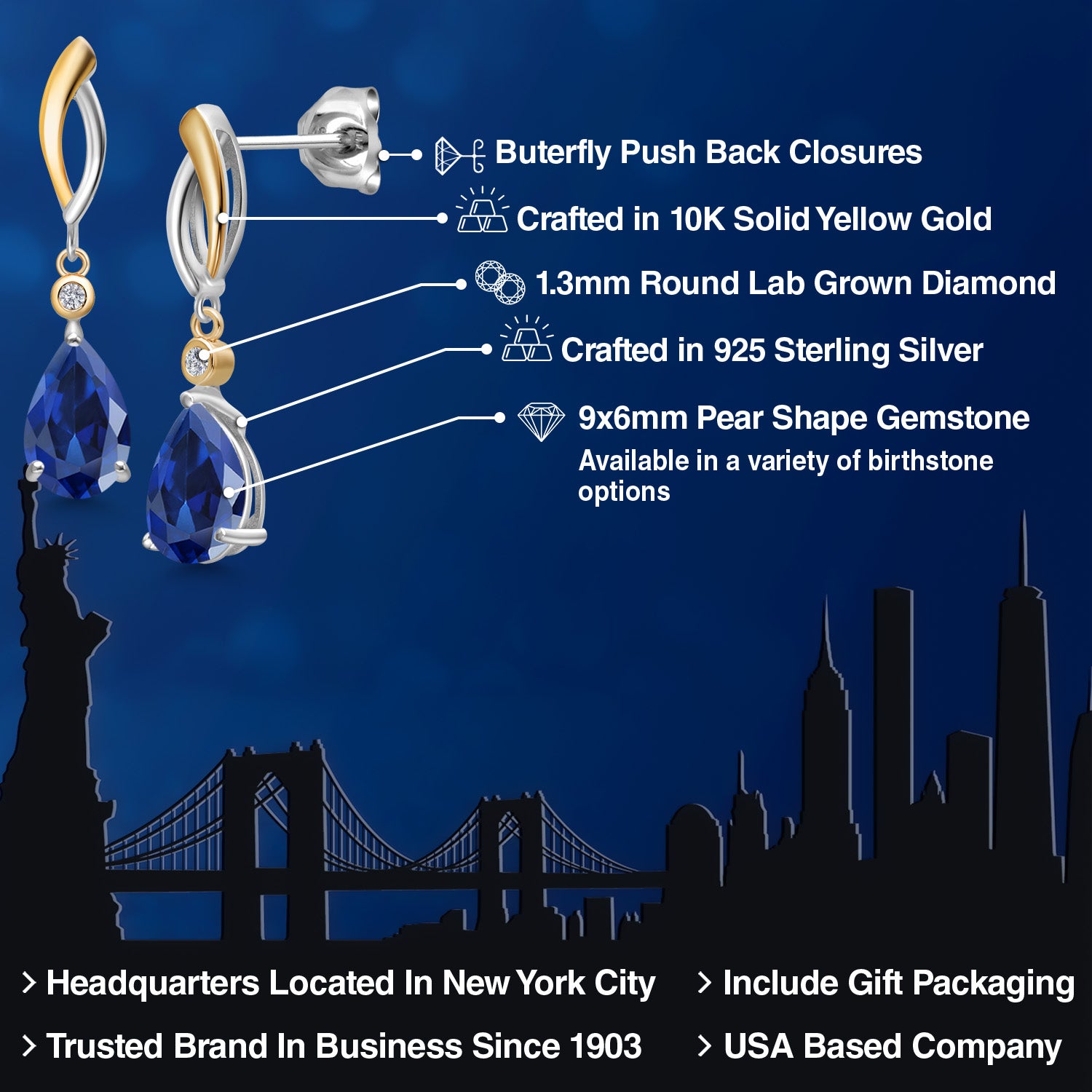 925 Silver and 10K Yellow Gold Blue Created Sapphire and White Lab Grown Diamond Earrings For Women | 5.12 Cttw | Gemstone September Birthstone | Pear Shape 9X6MM