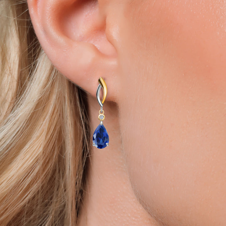 925 Silver and 10K Yellow Gold Blue Created Sapphire and White Lab Grown Diamond Earrings For Women | 5.12 Cttw | Gemstone September Birthstone | Pear Shape 9X6MM