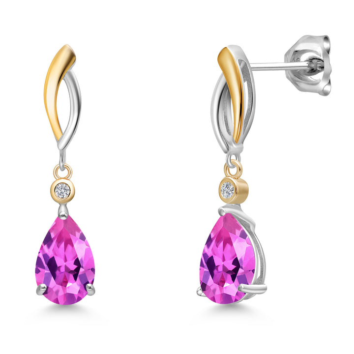 Pink Created Sapphire - September_Earrings in 925 Sterling Silver and 10K Yellow Gold
