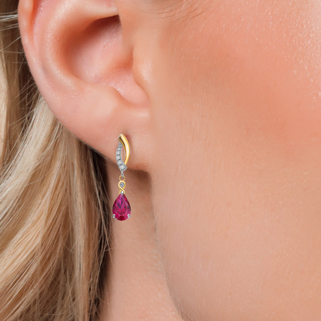 Created Ruby - July_Earrings in 925 Sterling Silver and 10K Yellow Gold