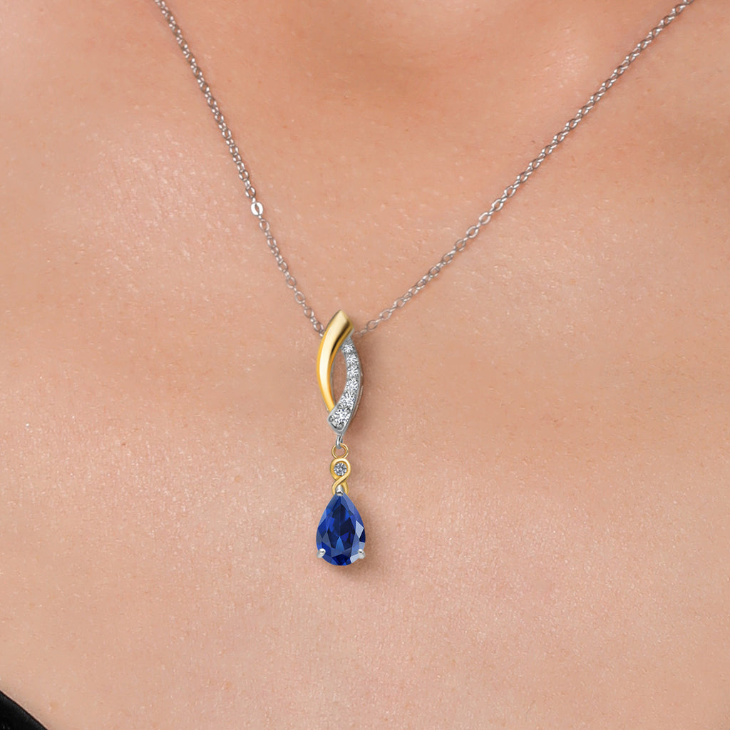 Blue Created Sapphire - September_Pendant in 925 Sterling Silver and 10K Yellow Gold