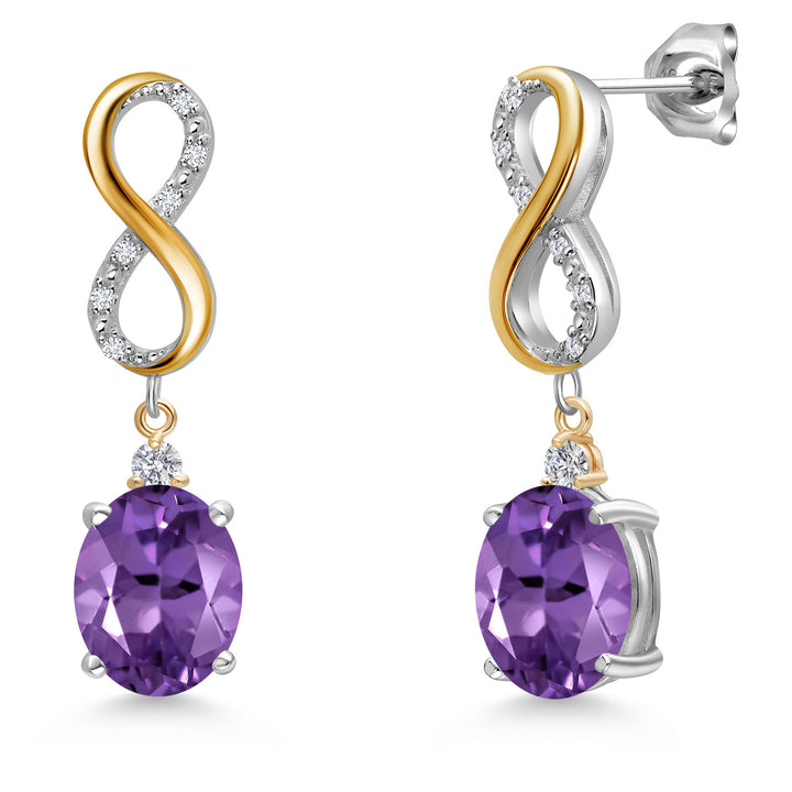 925 Silver and 10K Yellow Gold Purple Amethyst and White Lab Grown Diamond Drop Dangle Earrings For Women | 4.79 Cttw | Gemstone February Birthstone | Oval 10X8MM