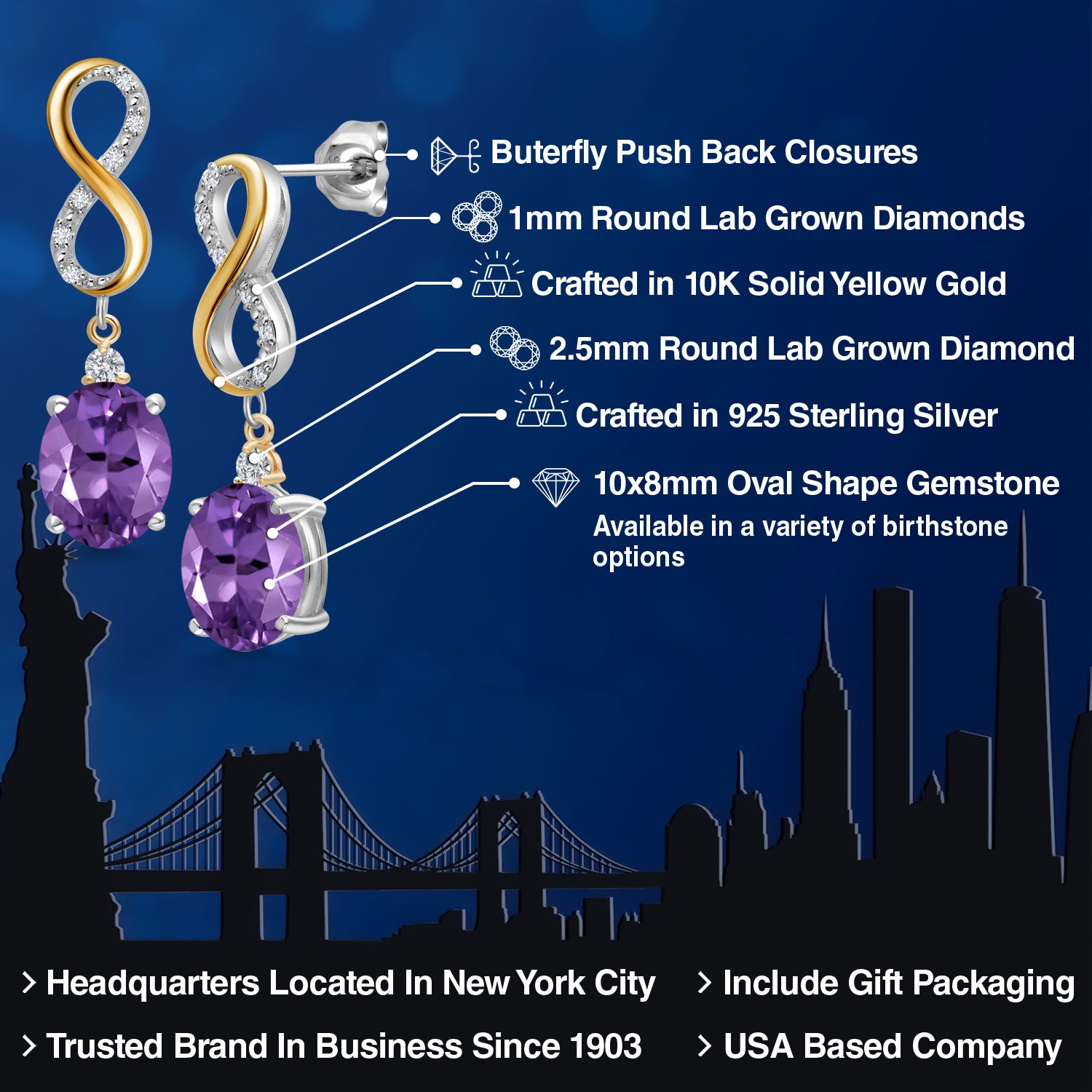 925 Silver and 10K Yellow Gold Purple Amethyst and White Lab Grown Diamond Drop Dangle Earrings For Women | 4.79 Cttw | Gemstone February Birthstone | Oval 10X8MM