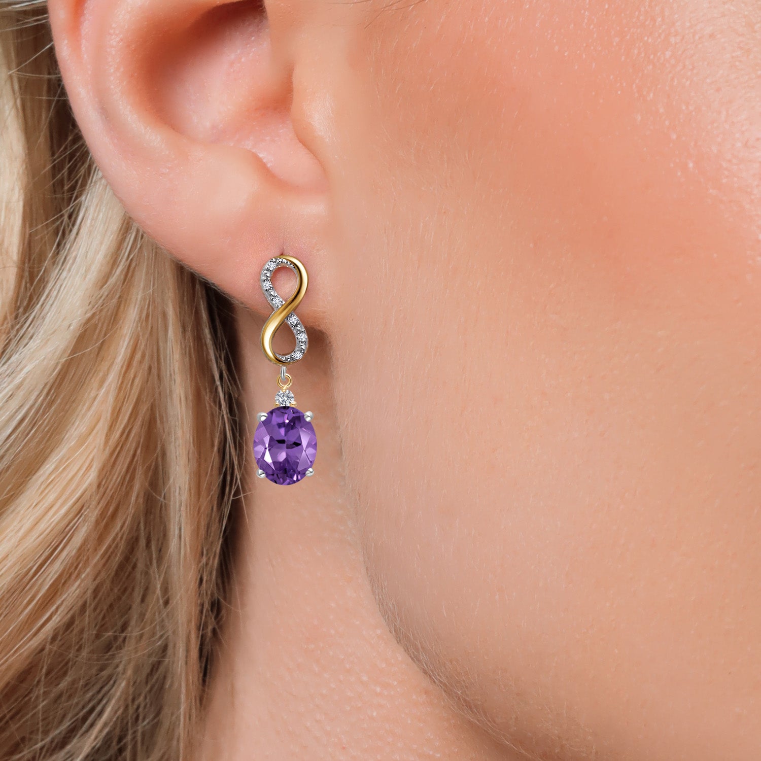 925 Silver and 10K Yellow Gold Purple Amethyst and White Lab Grown Diamond Drop Dangle Earrings For Women | 4.79 Cttw | Gemstone February Birthstone | Oval 10X8MM