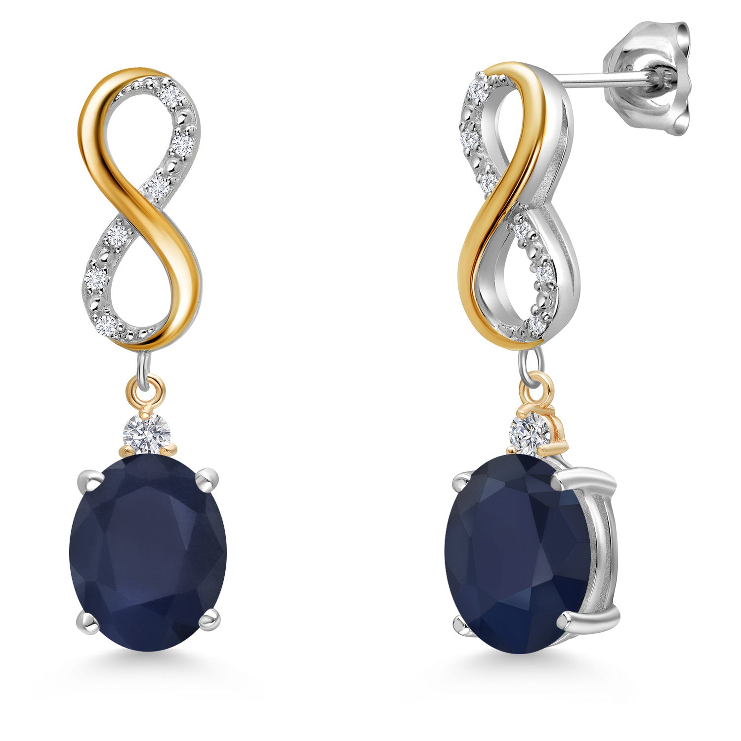 925 Silver and 10K Yellow Gold Blue Sapphire and White Lab Grown Diamond Drop Dangle Earrings For Women | 6.19 Cttw | Gemstone September Birthstone | Oval 10X8MM