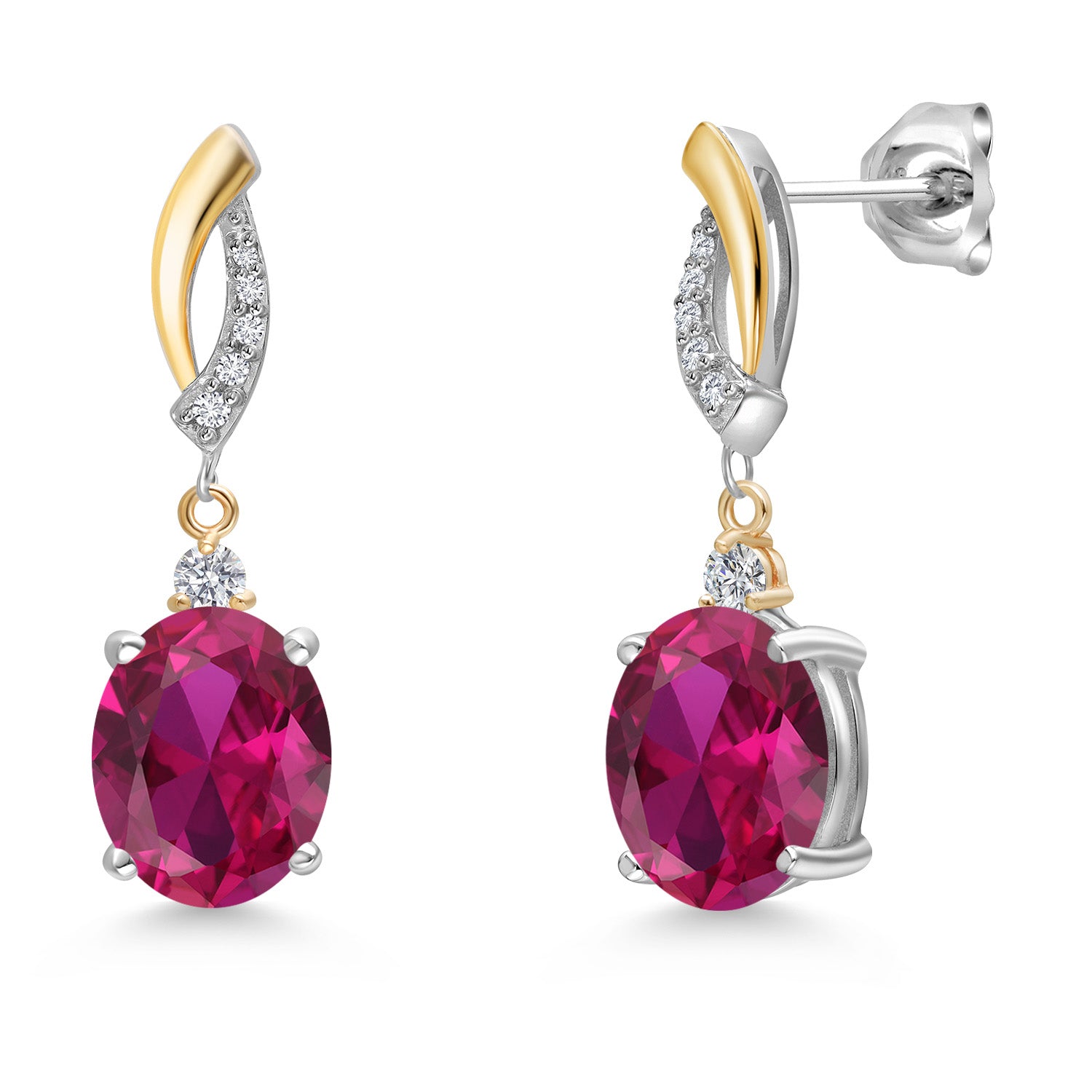 6.06 Cttw 925 Silver and 10K Yellow Gold Red Created Ruby and White Lab Grown Diamond Dangle Earrings for Women | Gemstone July Birthstone | Oval 10X8MM