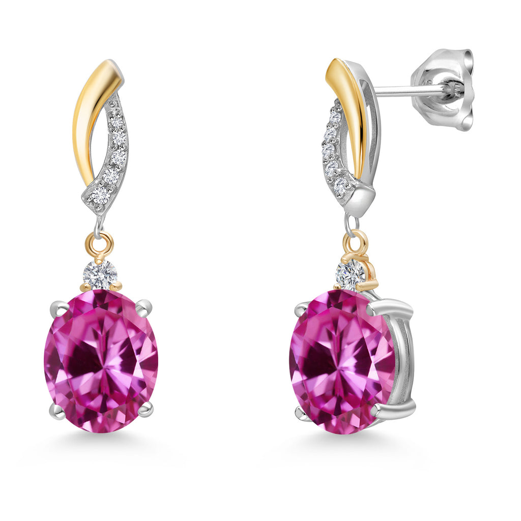 Pink Created Sapphire - September_Earrings in 925 Sterling Silver and 10K Yellow Gold