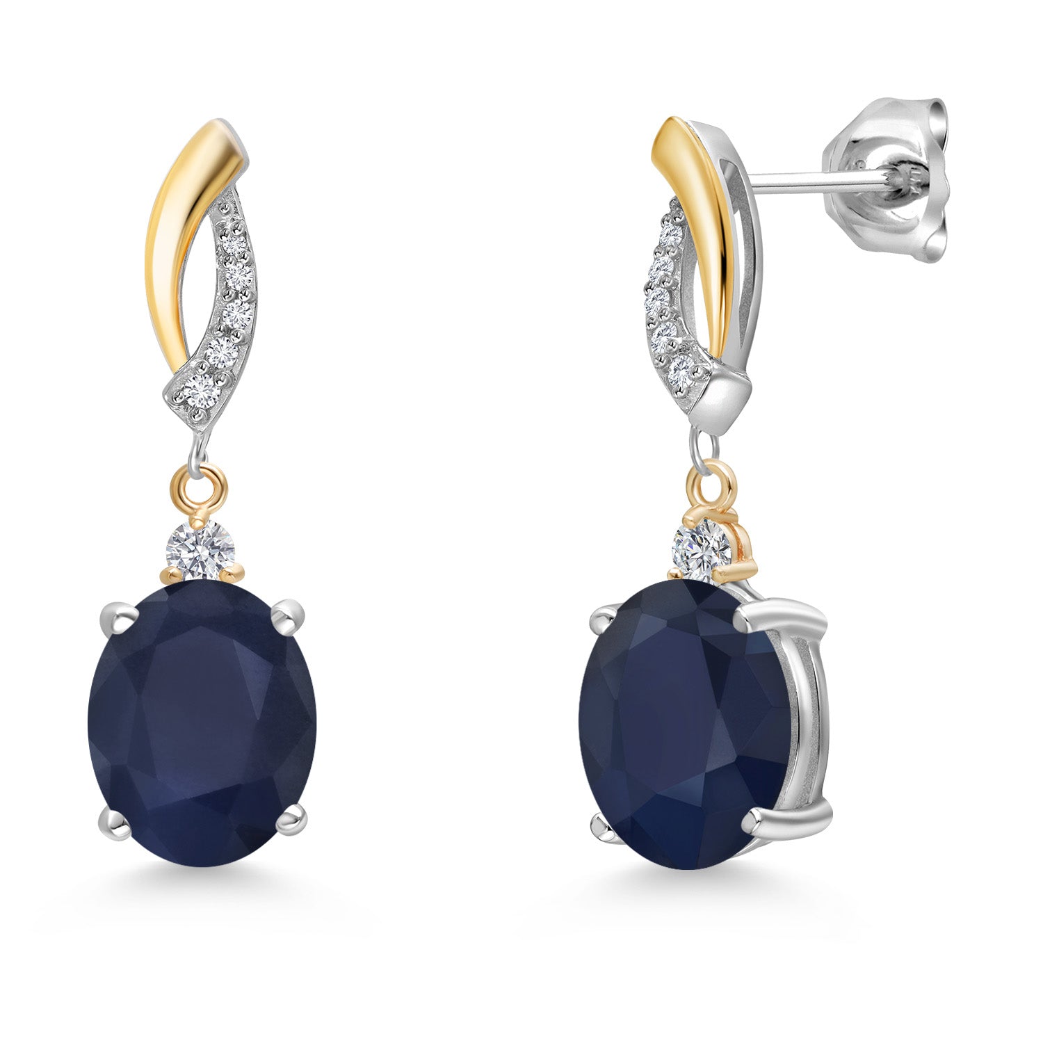 6.06 Cttw 925 Silver and 10K Yellow Gold Blue Sapphire and White Lab Grown Diamond Dangle Earrings for Women | Gemstone September Birthstone | Oval 10X8MM