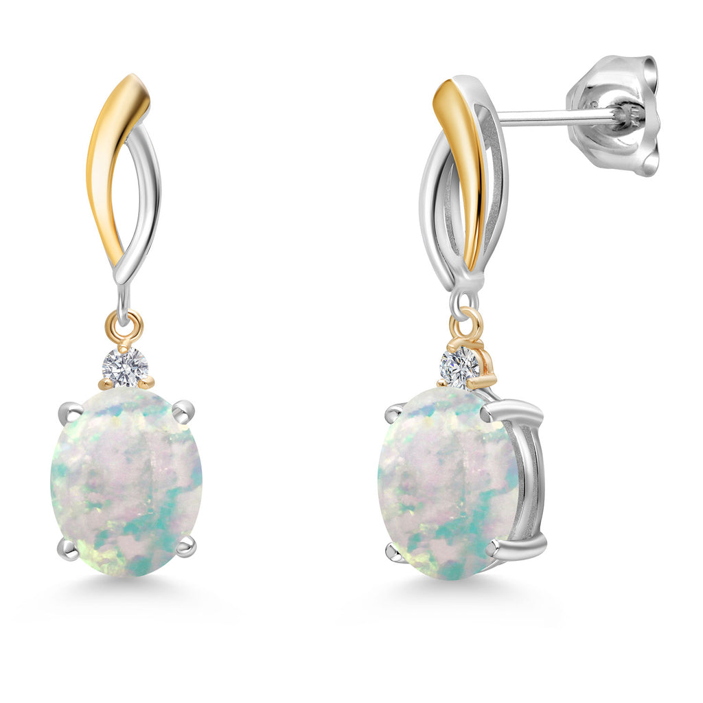 White Opal-Cabochon - October_Earrings in 925 Sterling Silver and 10K Yellow Gold