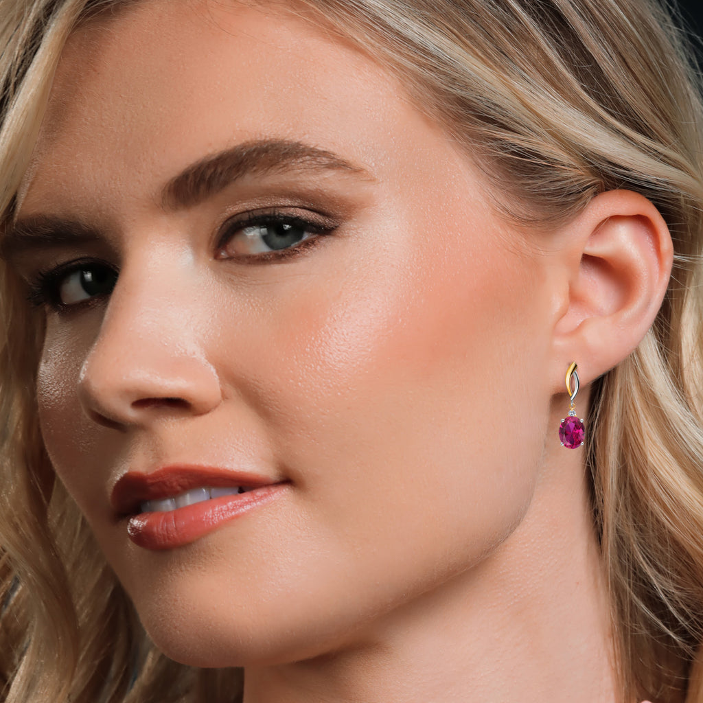 Created Ruby - July_Earrings in 925 Sterling Silver and 10K Yellow Gold