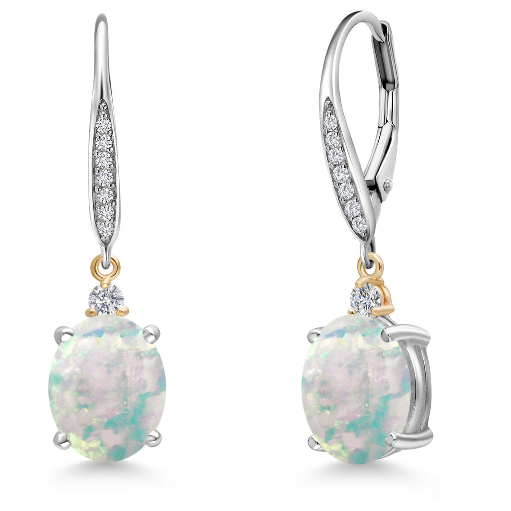 White Simulated Opal-Cabochon - October_Earrings in 925 Sterling Silver and 10K Yellow Gold