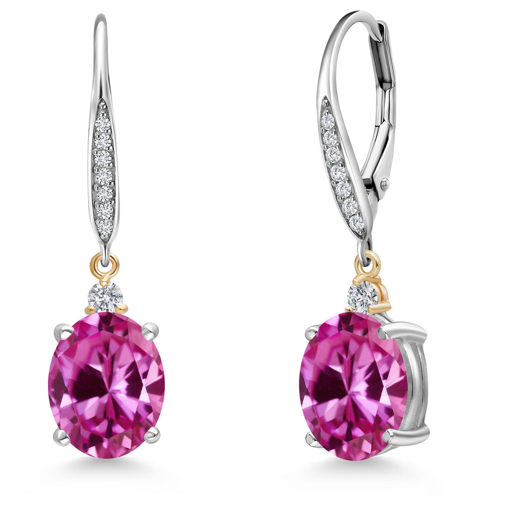 Pink Created Sapphire - September_Earrings in 925 Sterling Silver and 10K Yellow Gold