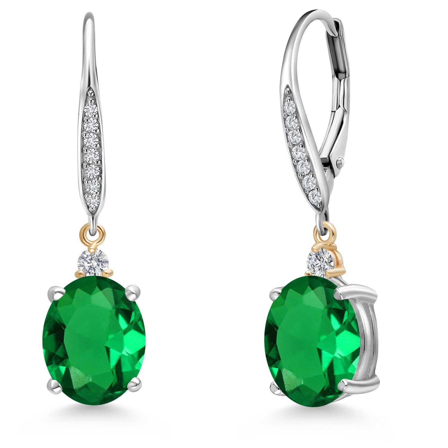 925 Silver and 10K Yellow Gold Green Nano Emerald and White Lab Grown Diamond Dangle Earrings For Women | 4.23 Cttw | Gemstone May Birthstone | Oval 10X8MM