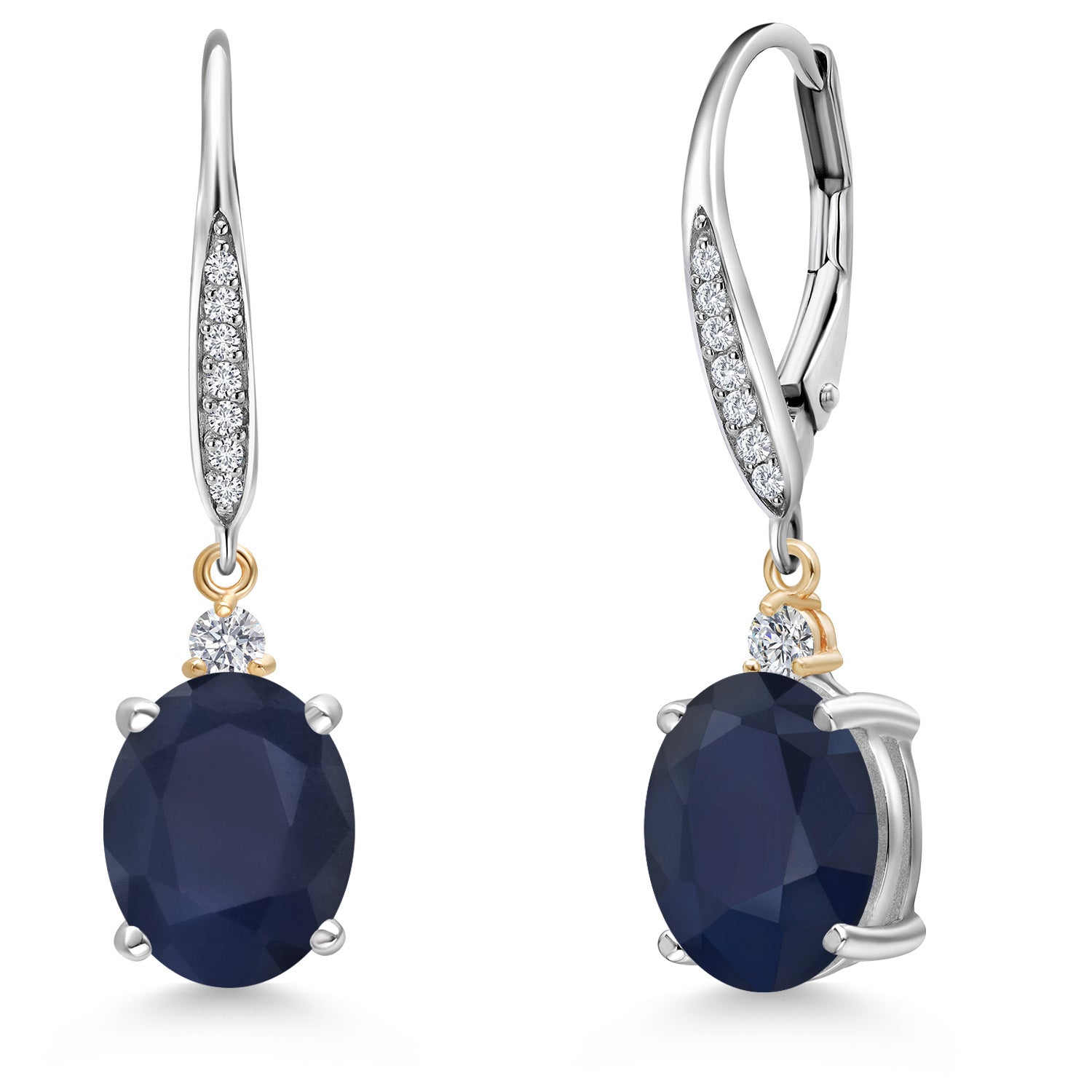 925 Silver and 10K Yellow Gold Blue Sapphire and White Lab Grown Diamond Dangle Earrings For Women | 6.23 Cttw | Gemstone September Birthstone | Oval 10X8MM