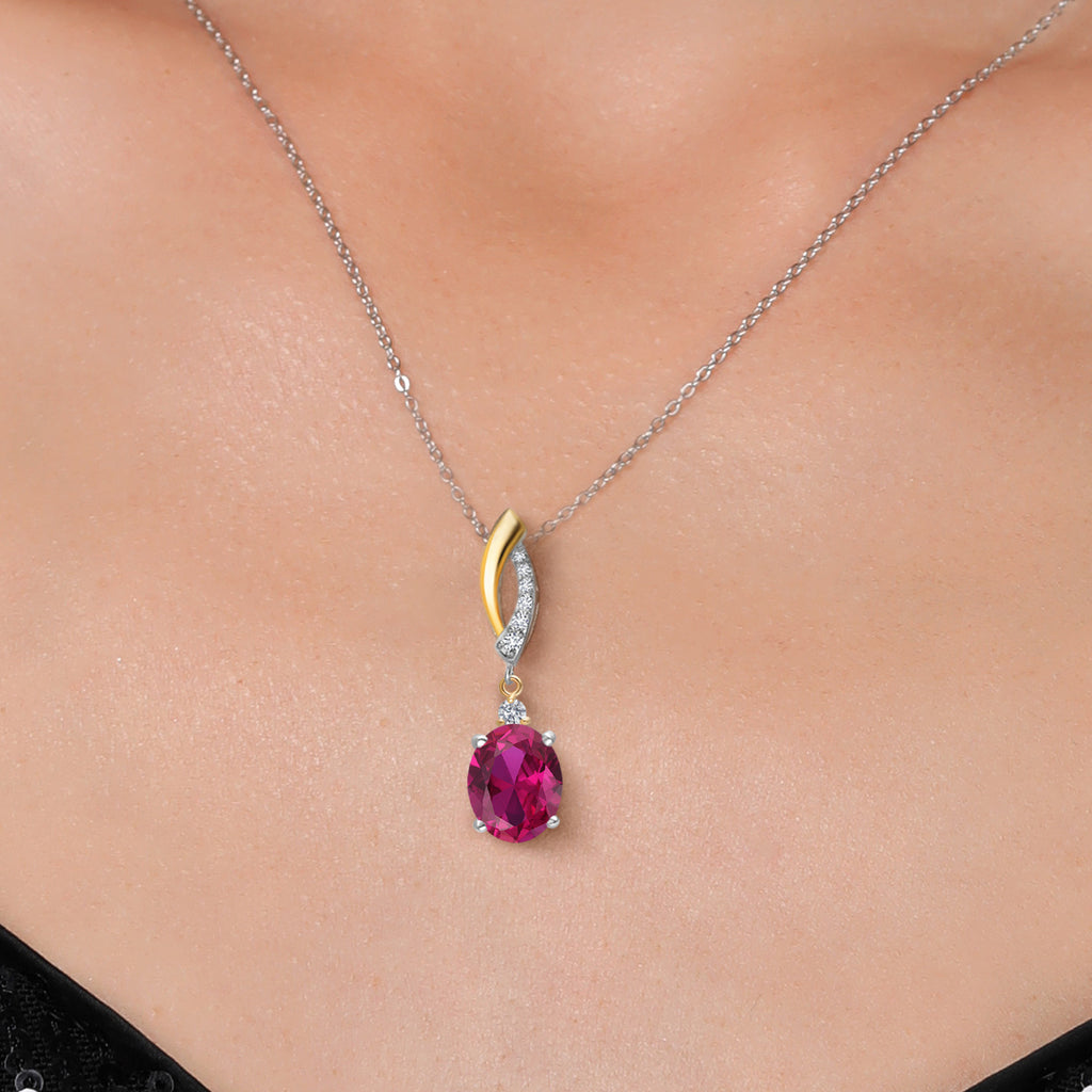 Created Ruby - July_Pendant in 925 Sterling Silver and 10K Yellow Gold