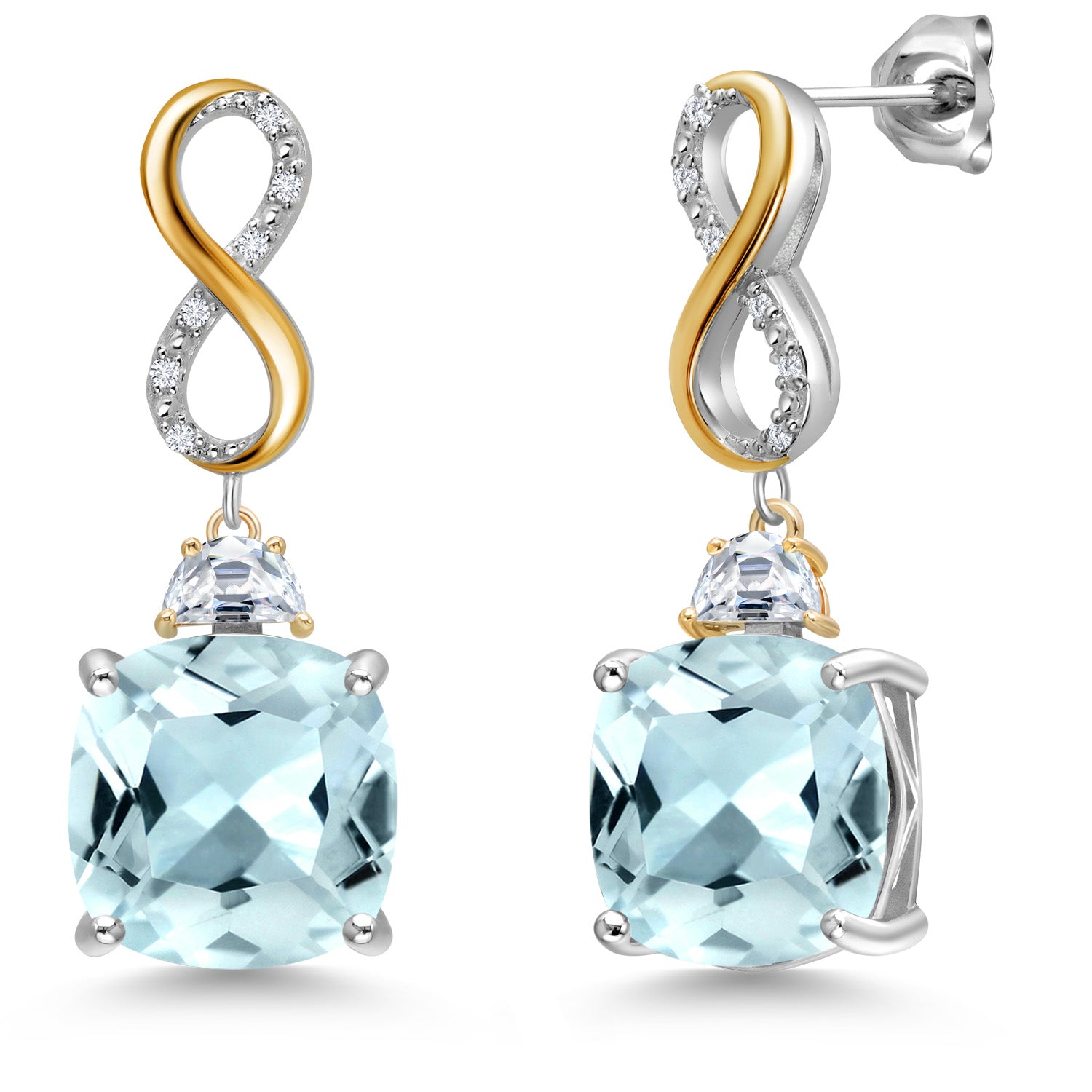 925 Silver and 10K Yellow Gold Sky Blue Simulated Aquamarine and Moissanite and White Lab Grown Diamond Dangle Earrings for Women | 12.52 Cttw | Gemstone March Birthstone | Cushion 12MM