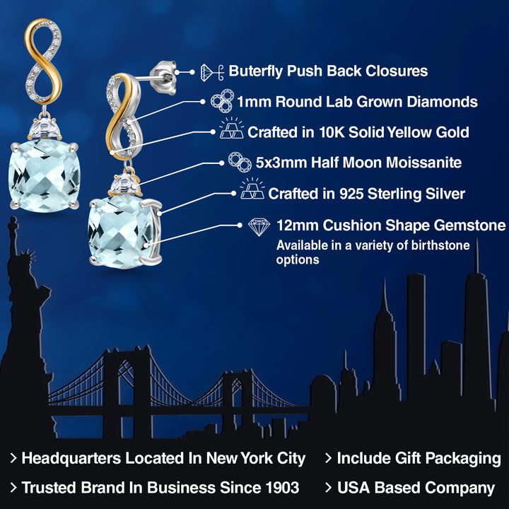 925 Silver and 10K Yellow Gold Sky Blue Simulated Aquamarine and Moissanite and White Lab Grown Diamond Dangle Earrings for Women | 12.52 Cttw | Gemstone March Birthstone | Cushion 12MM