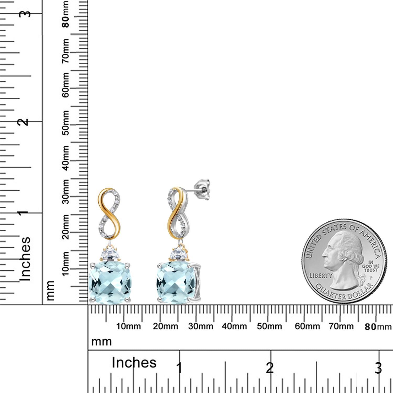 925 Silver and 10K Yellow Gold Sky Blue Simulated Aquamarine and Moissanite and White Lab Grown Diamond Dangle Earrings for Women | 12.52 Cttw | Gemstone March Birthstone | Cushion 12MM