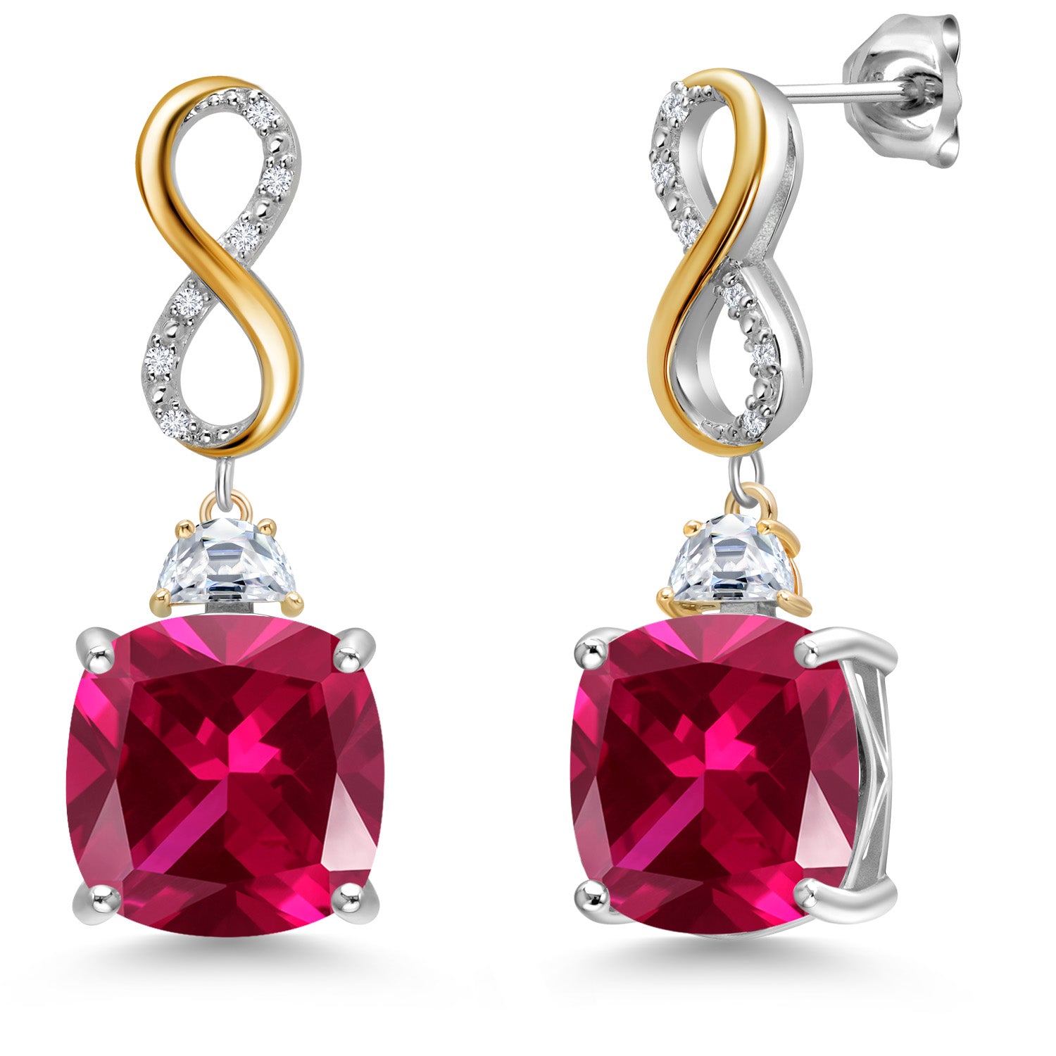 925 Silver and 10K Yellow Gold Red Created Ruby and Moissanite and White Lab Grown Diamond Dangle Earrings for Women | 16.52 Cttw | Gemstone July Birthstone | Cushion 12MM