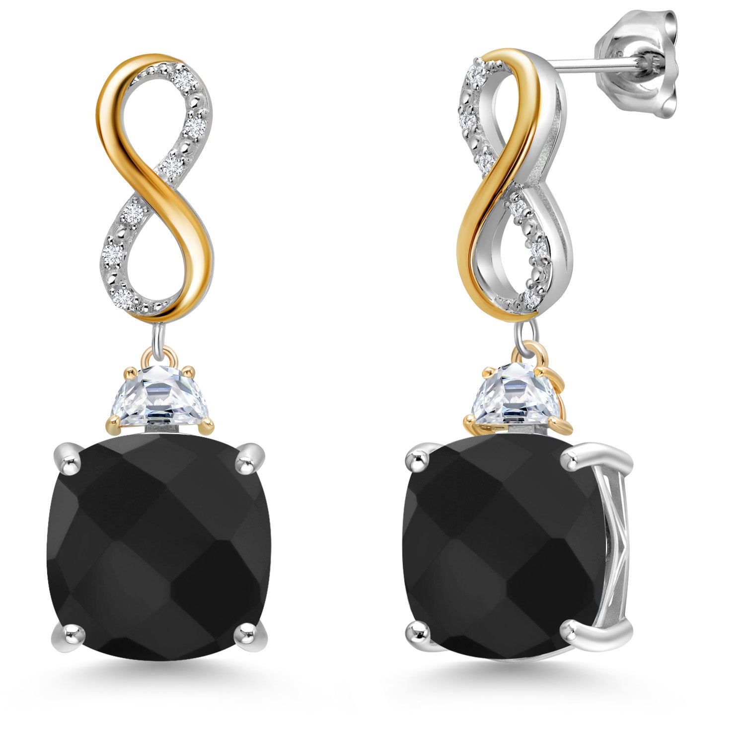 925 Silver and 10K Yellow Gold Black Onyx and Moissanite and White Lab Grown Diamond Dangle Earrings for Women | 11.52 Cttw | Gemstone December Birthstone | Cushion Checkerboard 12MM