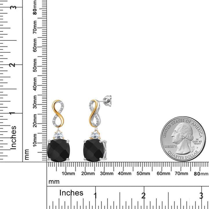 925 Silver and 10K Yellow Gold Black Onyx and Moissanite and White Lab Grown Diamond Dangle Earrings for Women | 11.52 Cttw | Gemstone December Birthstone | Cushion Checkerboard 12MM