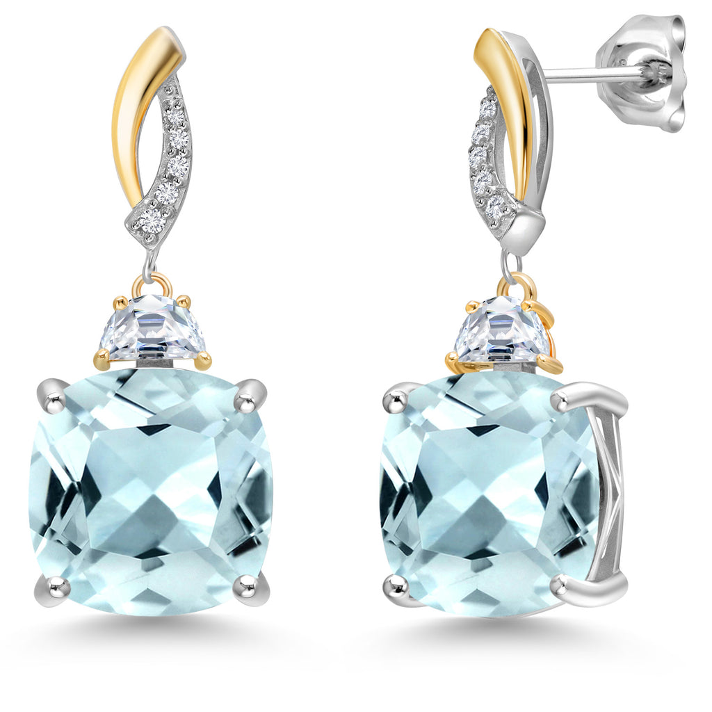 Created Aquamarine - March_Earrings in 925 Sterling Silver and 10K Yellow Gold