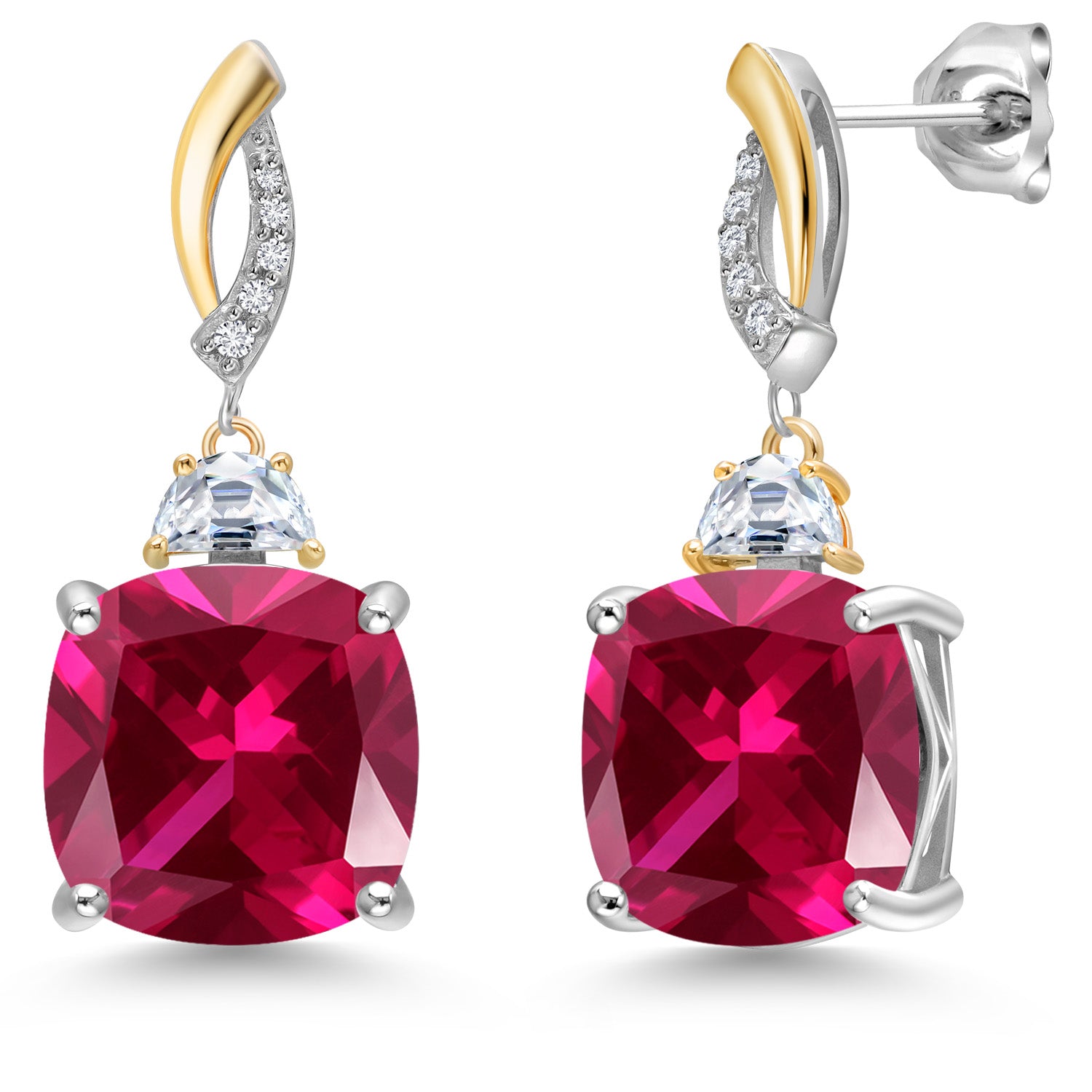 925 Silver and 10K Yellow Gold Red Created Ruby and Moissanite and White Lab Grown Diamond Dangle Earrings for Women | 16.51 Cttw | Gemstone July Birthstone | Cushion 12MM