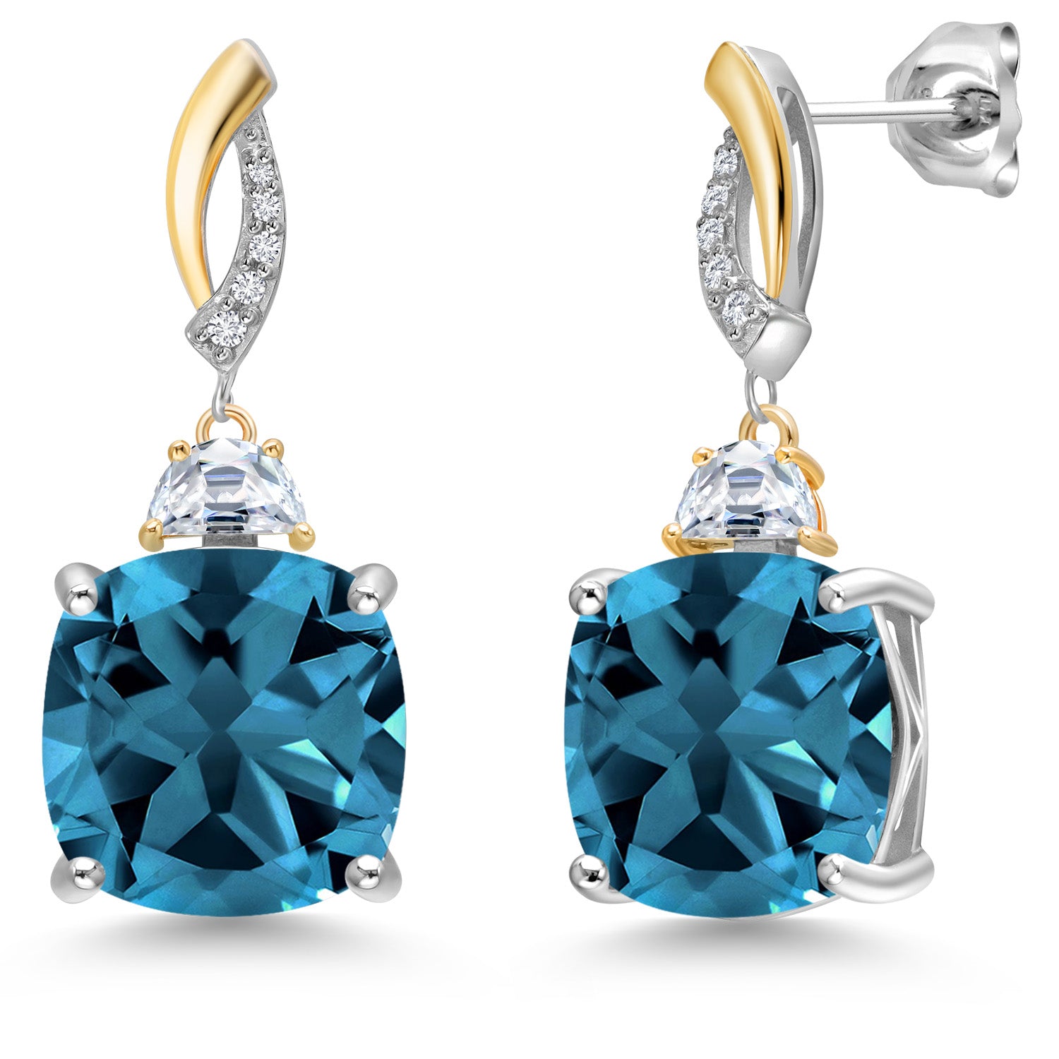 925 Silver and 10K Yellow Gold London Blue Topaz and Moissanite and White Lab Grown Diamond Dangle Earrings for Women | 18.11 Cttw | Gemstone November Birthstone | Cushion 12MM