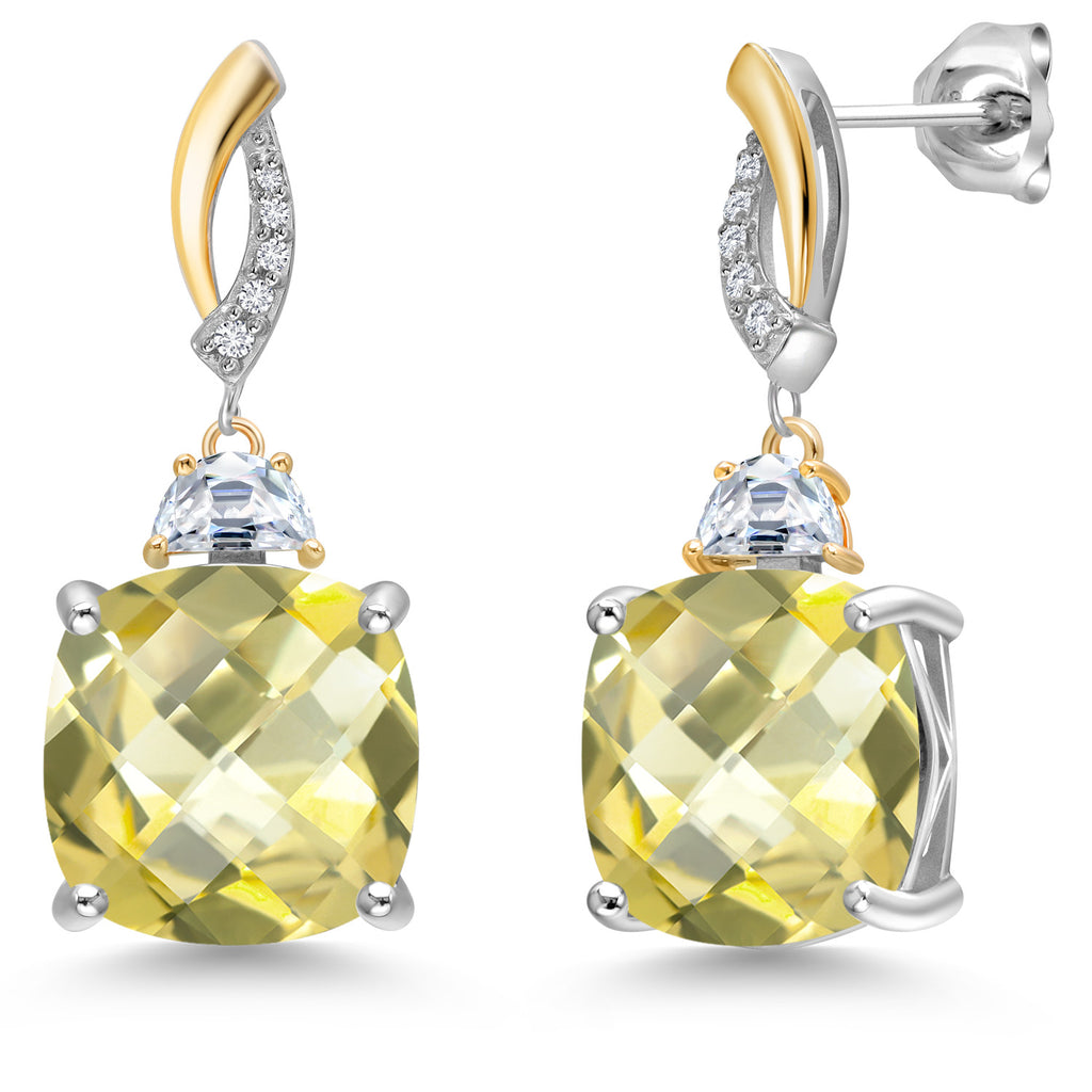 Lemon Quartz-Checkerboard_Earrings in 925 Sterling Silver and 10K Yellow Gold