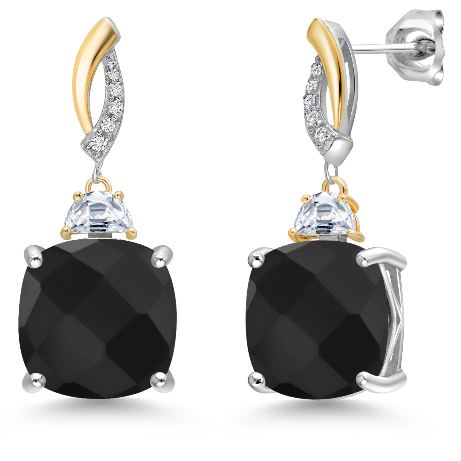 925 Silver and 10K Yellow Gold Black Onyx and Moissanite and White Lab Grown Diamond Dangle Earrings for Women | 11.51 Cttw | Gemstone December Birthstone | Cushion Checkerboard 12MM