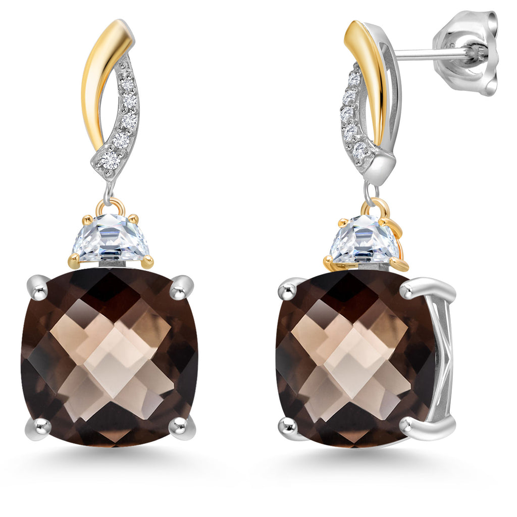 Smoky Quartz-Checkerboard_Earrings in 925 Sterling Silver and 10K Yellow Gold